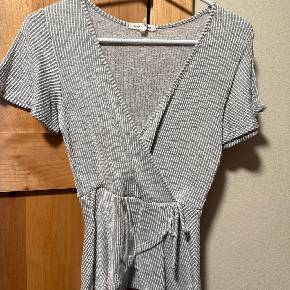 Caution To The Wind Gray and White Striped Wrap Blouse